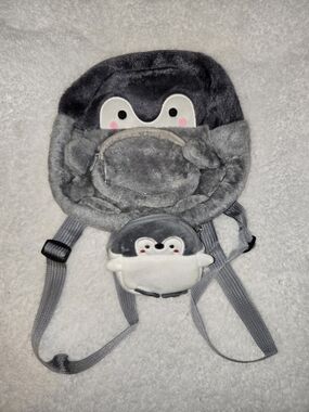 Plush Penguin Grey Backpack with Matching Coin Pouch